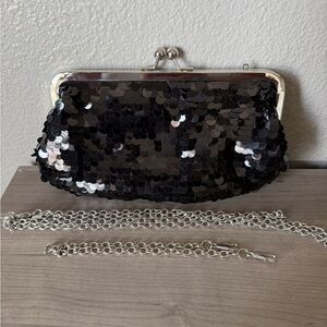 Black Sequin Clutch with Silver Chain